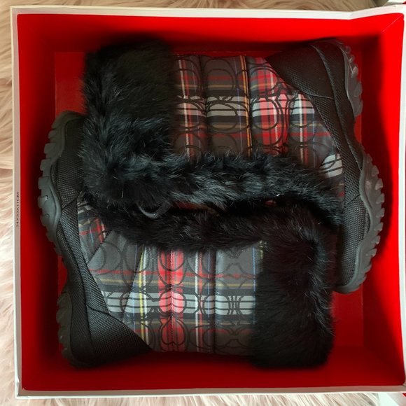 COACH JENNIE SIGNATURE "C" PLAID WITH RABBIT FUR TRIM BOOTIE BOOTS - Picture 11 of 12